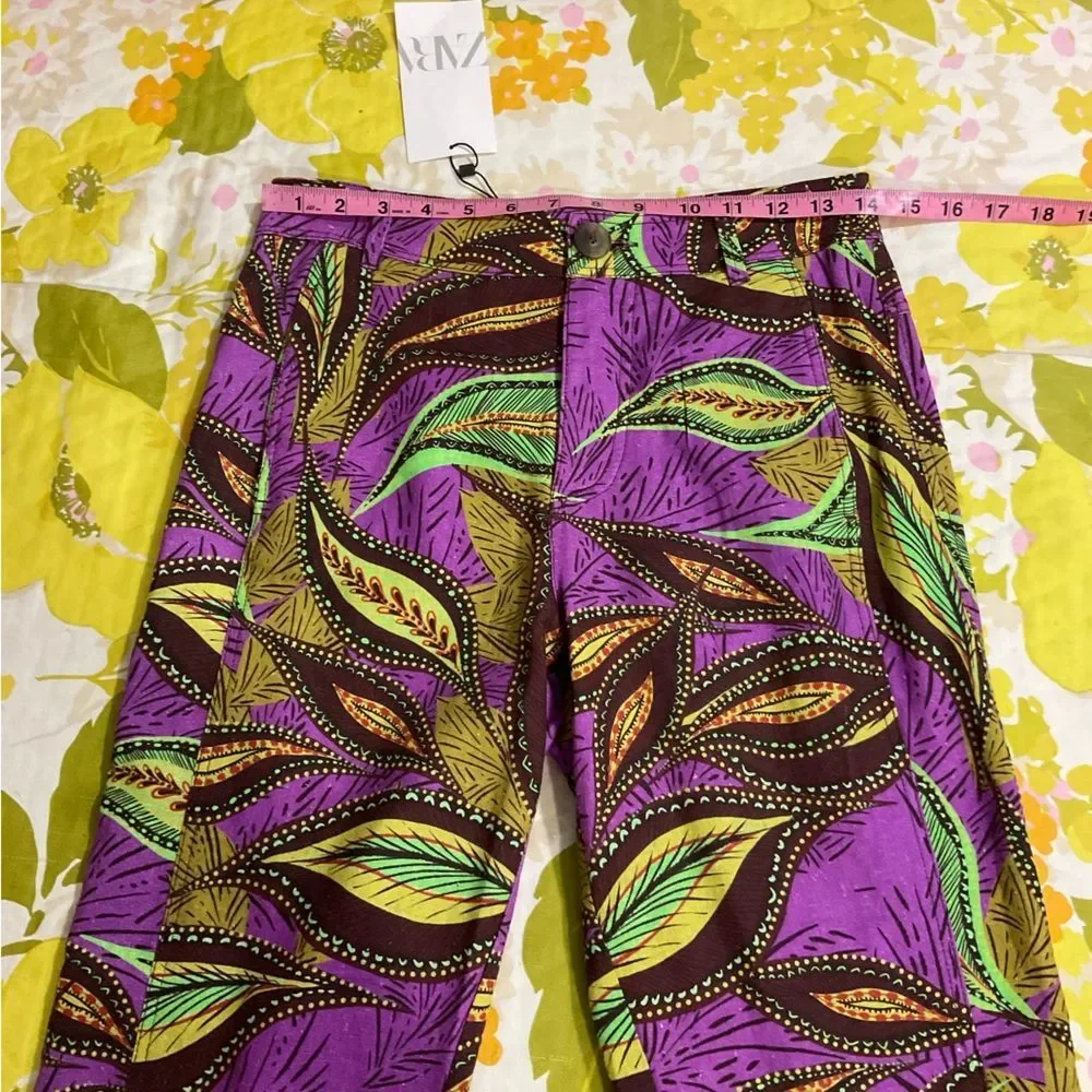 Zara Linen High Waisted Hi Rise Flare Patterned Pants Small